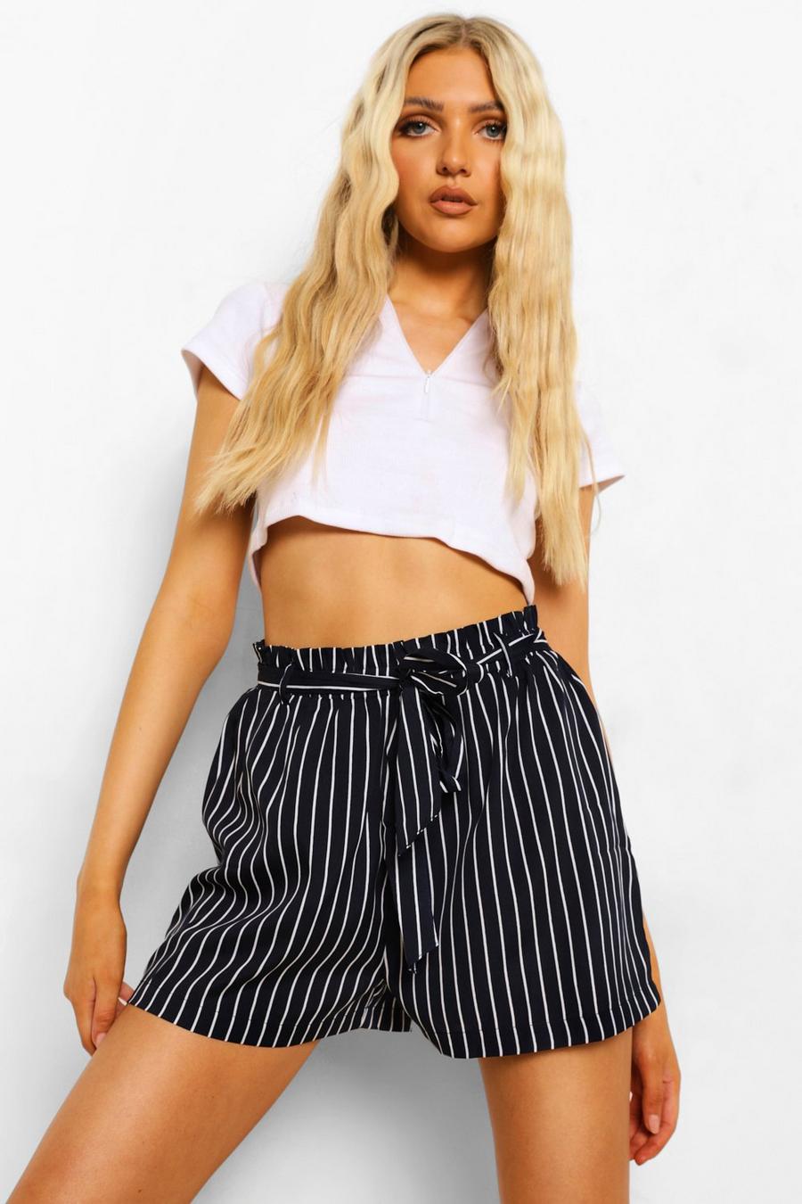 Navy Striped Belted Flowy Shorts image number 1