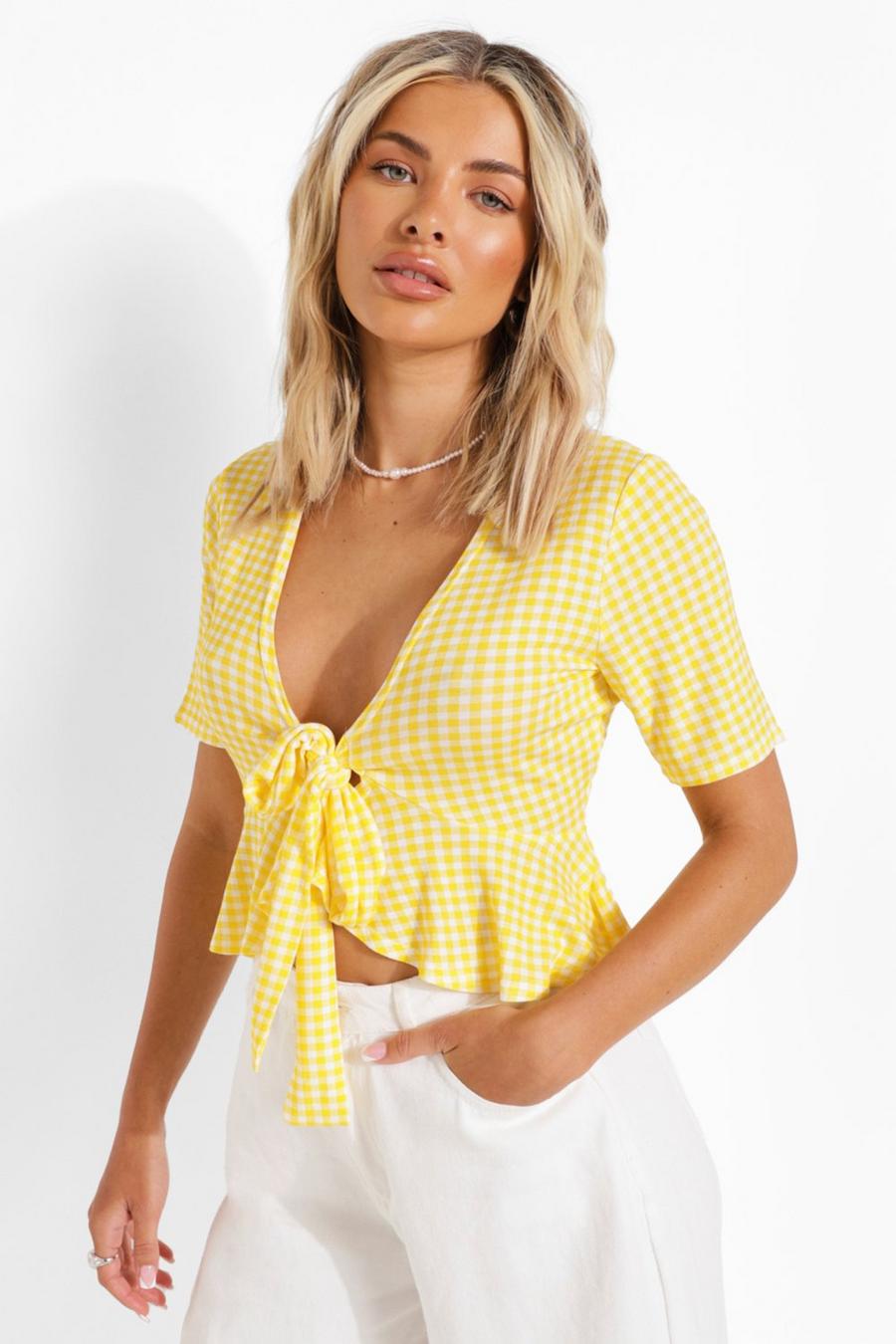 Yellow Gingham Frill Hem Tie Front Top image number 1