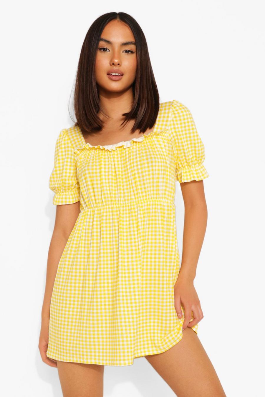 Gingham Smok-Kleid mit Puffärmeln, Yellow image number 1