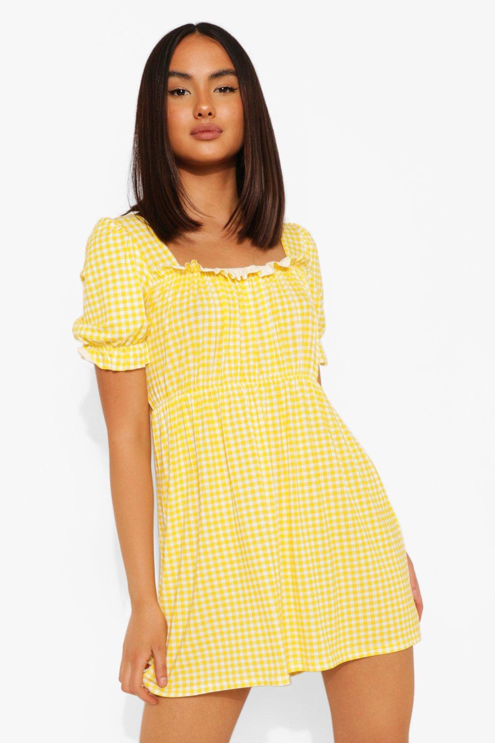 Gingham Puff Sleeve Smock Dress boohoo