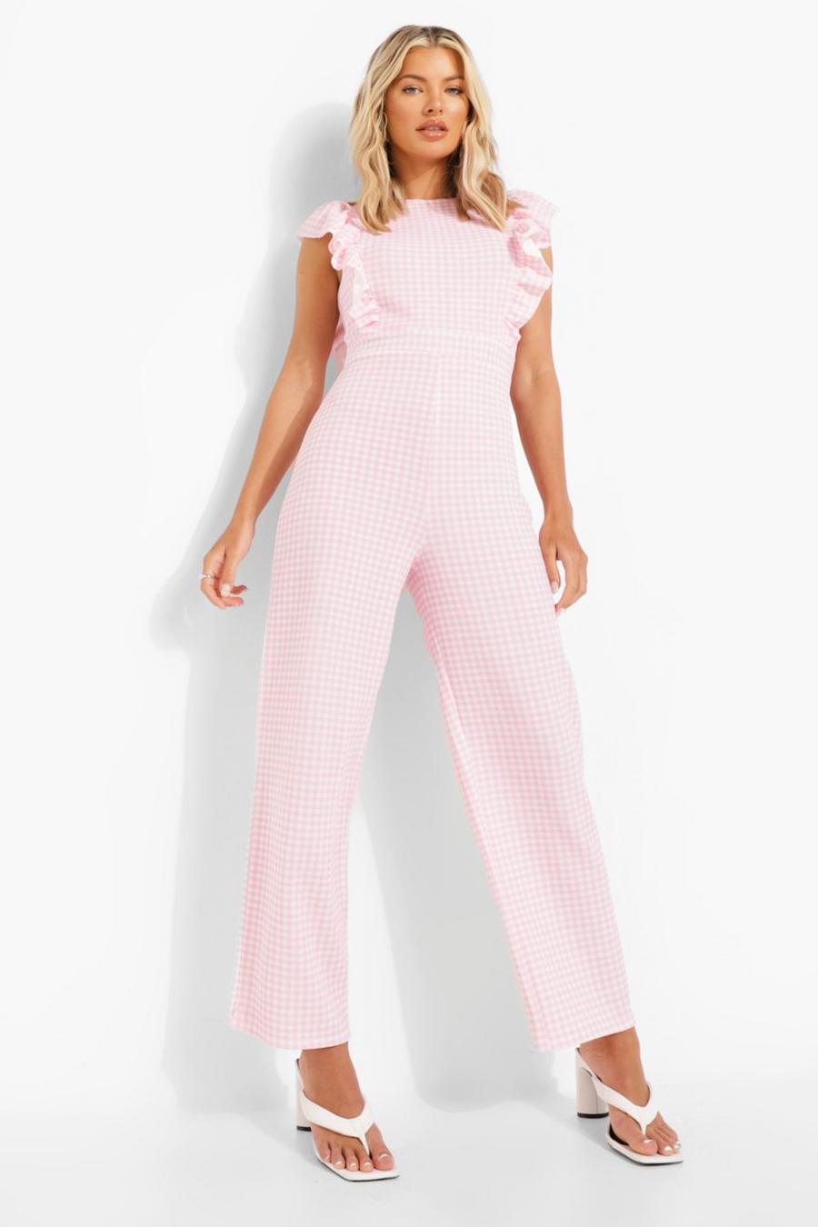 Pink Gingham Frill Sleeve Culotte Jumpsuit image number 1