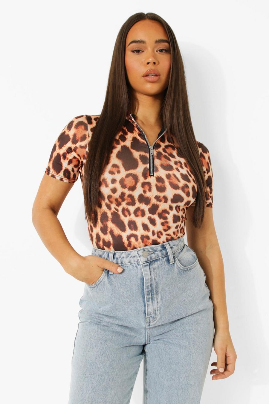 Brown Leopard Zip Bodysuit image number 1