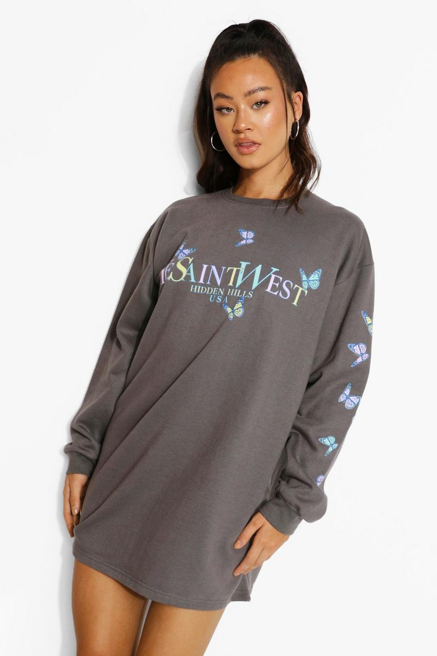 Charcoal "Ye Saint West" Sweatshirtklänning med fjärilar image number 1
