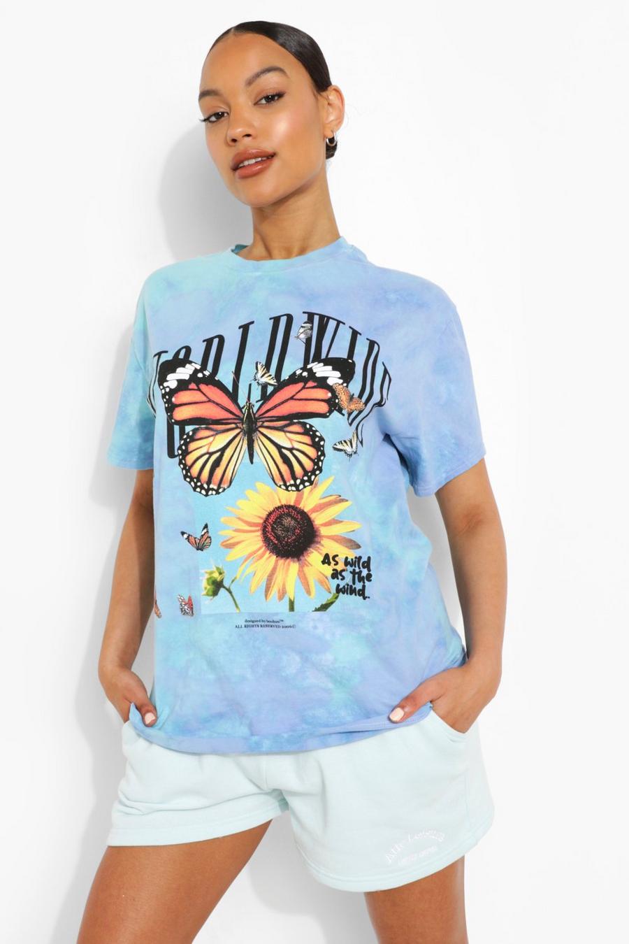 Blue Tie Dye Worldwide Printed Oversized T-shirt image number 1