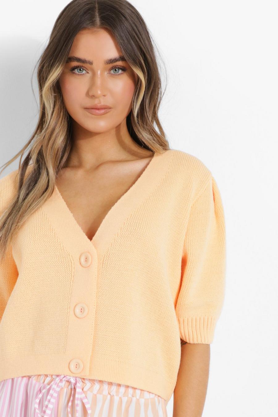 Apricot Puff Sleeve Cropped Cardigan image number 1