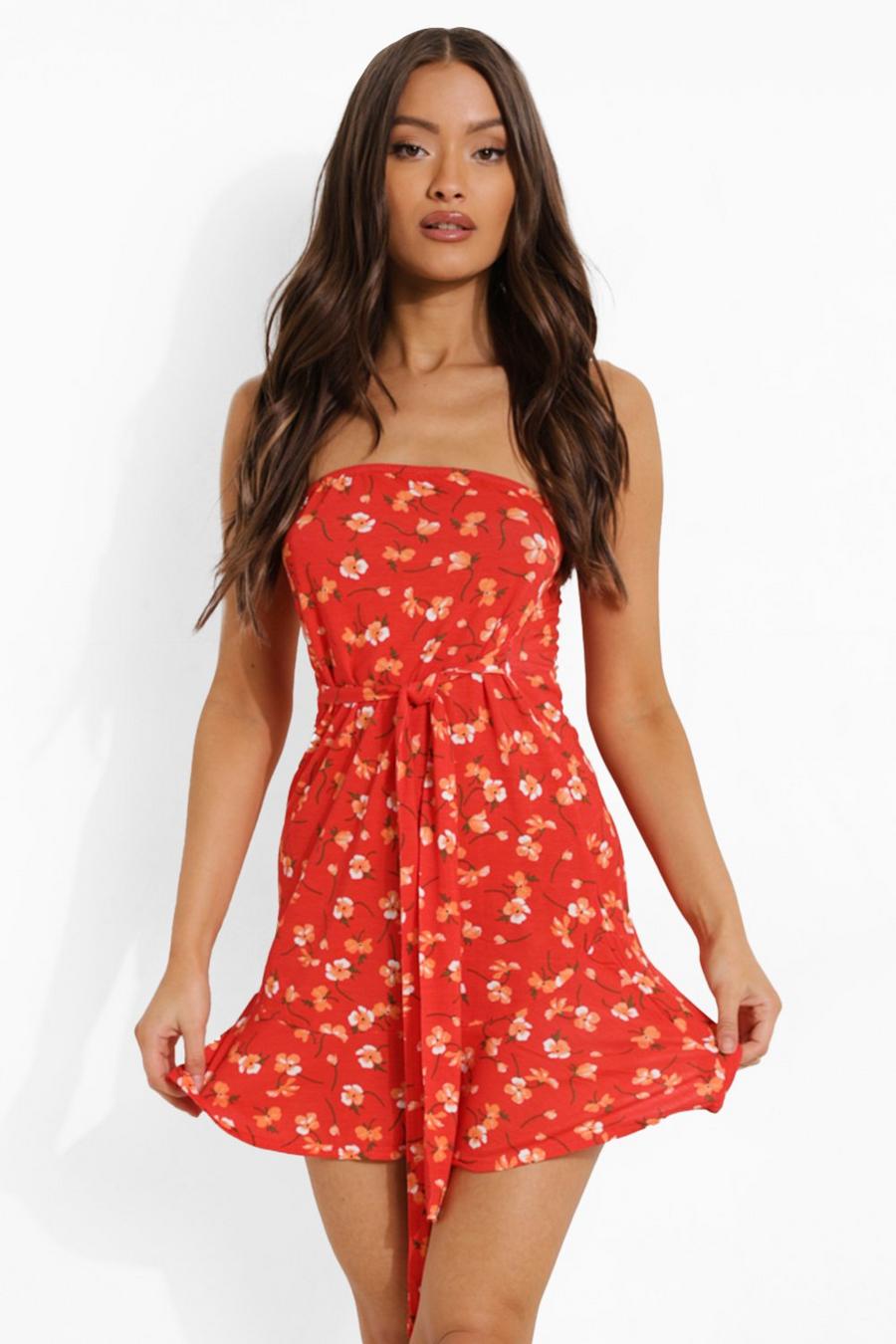 Red rot Ditsy Floral Bandeau Sundress