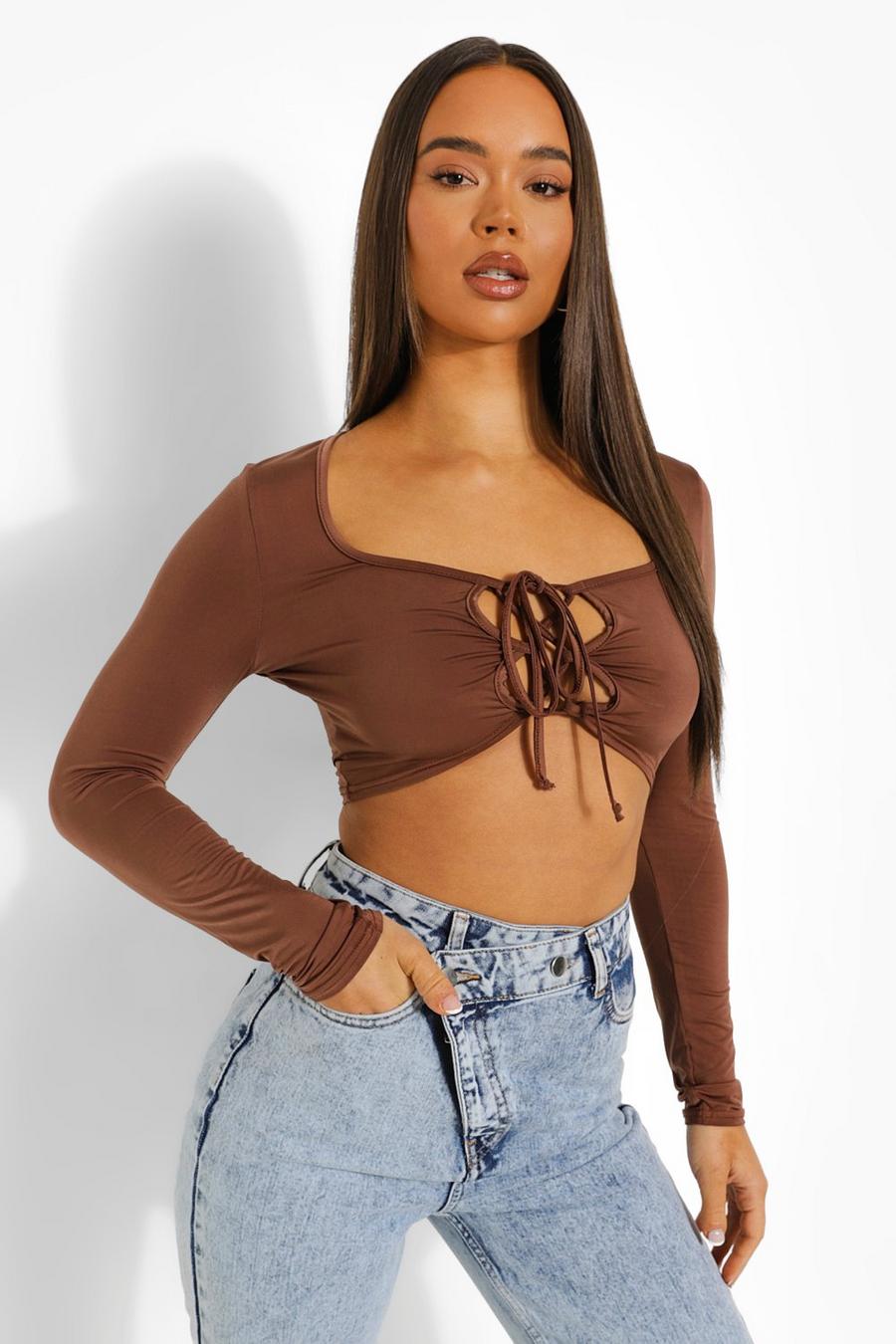 Chocolate Cut Out Halter Crop Top image number 1