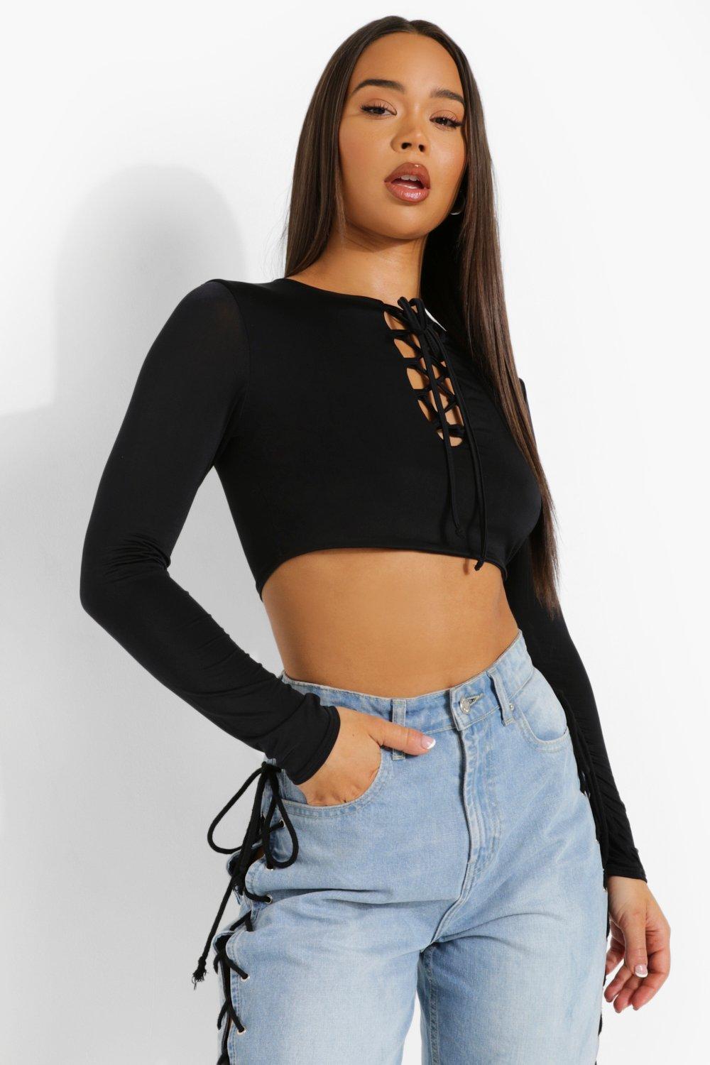 Black long sleeve 2025 lace up top