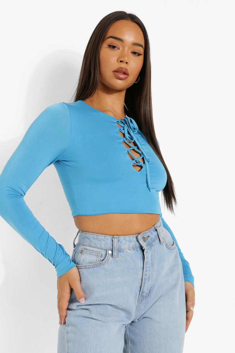 Blue Lace Up Long Sleeve Top image number 1