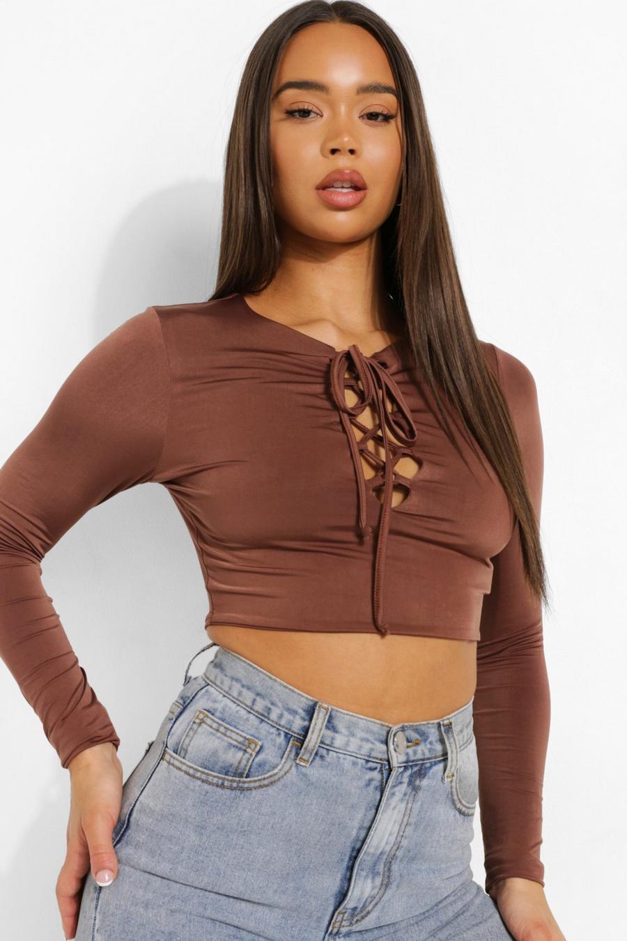 Chocolate Lace Up Long Sleeve Top image number 1