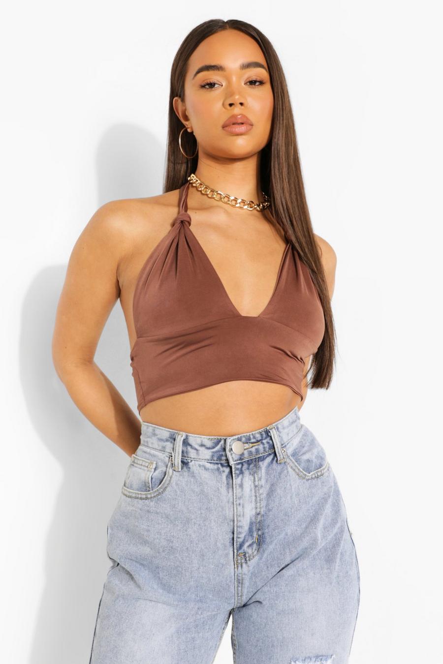 Chocolate Twisted Strap Halter Top image number 1