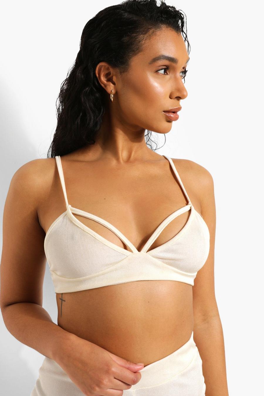 Cream Recycled Ribbed Caged Bralette image number 1