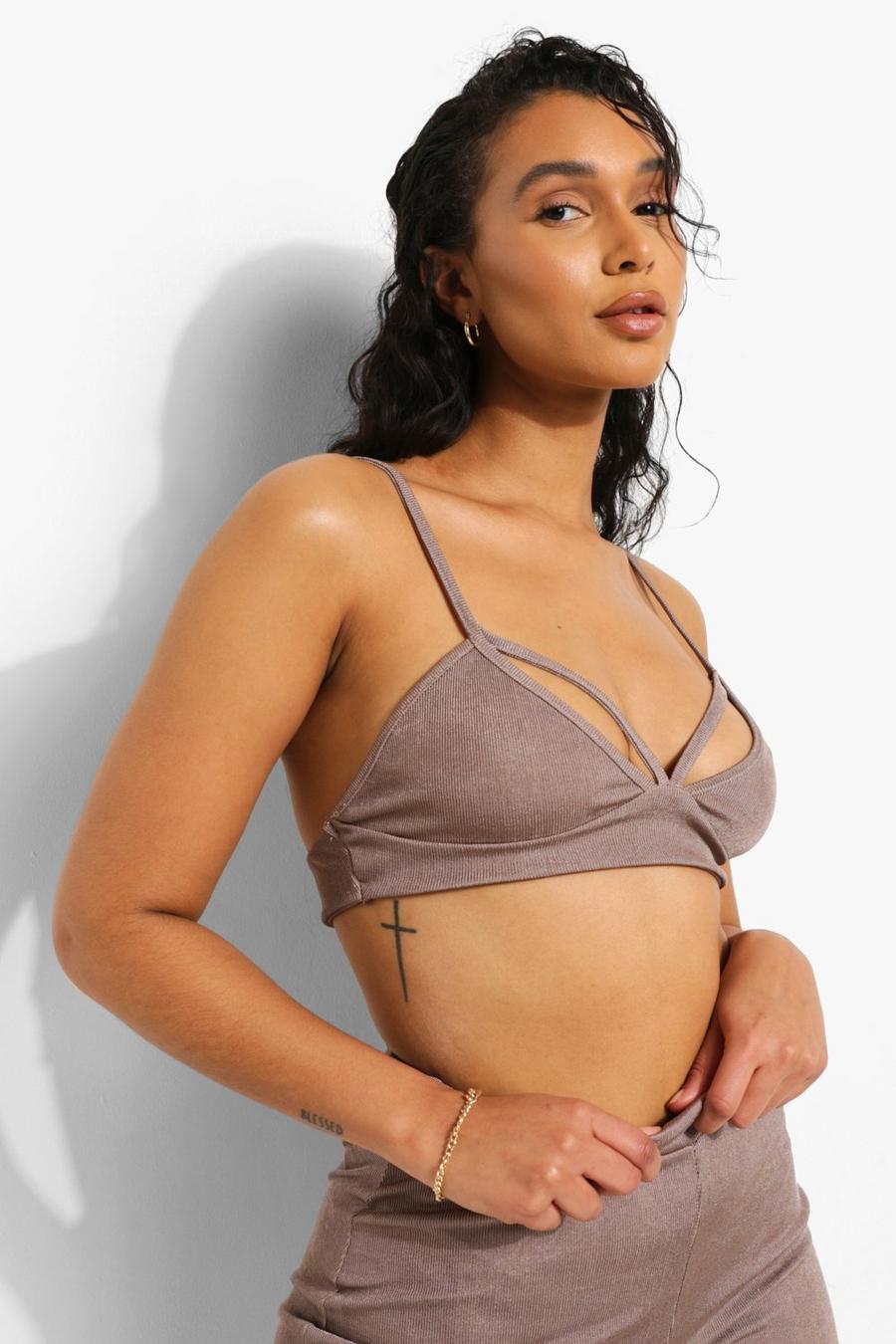 Mocha Recycled Ribbed Caged Bralette image number 1