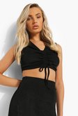 Black Ribbed Ruched Crop Top