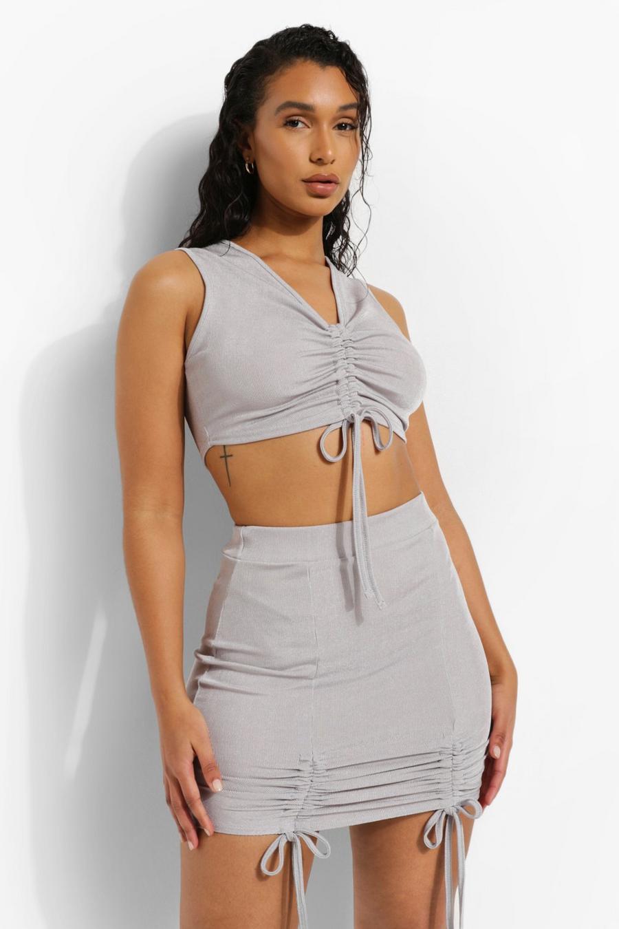 Grey Ribbed Ruched Crop Top image number 1