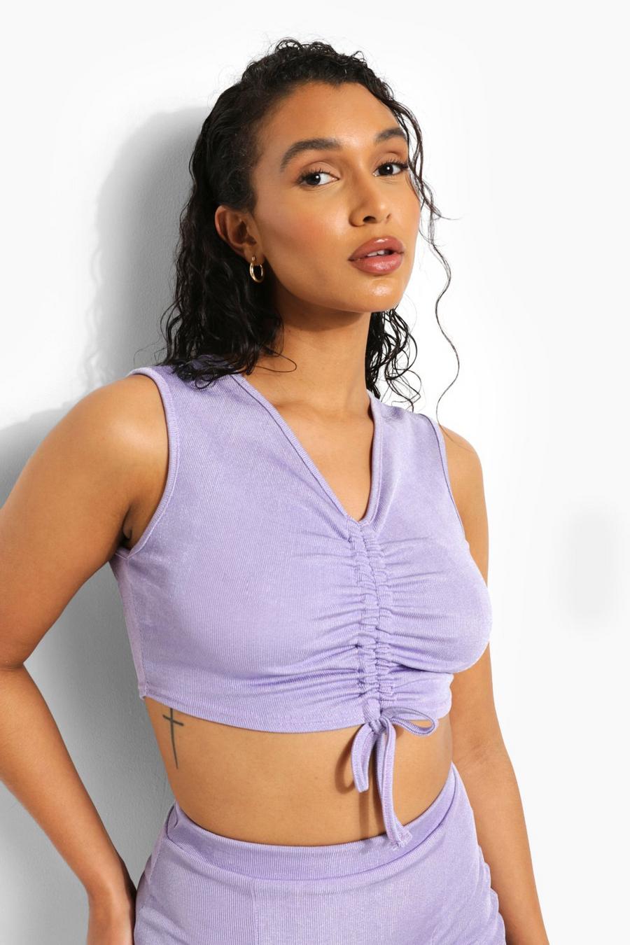 Purple Ribbed Ruched Crop Top image number 1