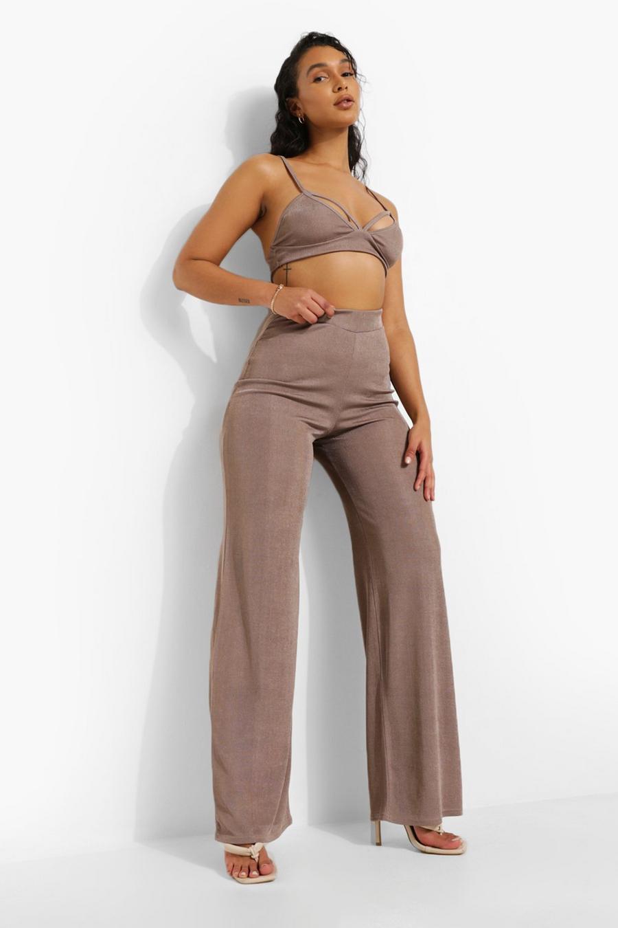 Mocha beige Recycled Ribbed Wide Leg Pants image number 1