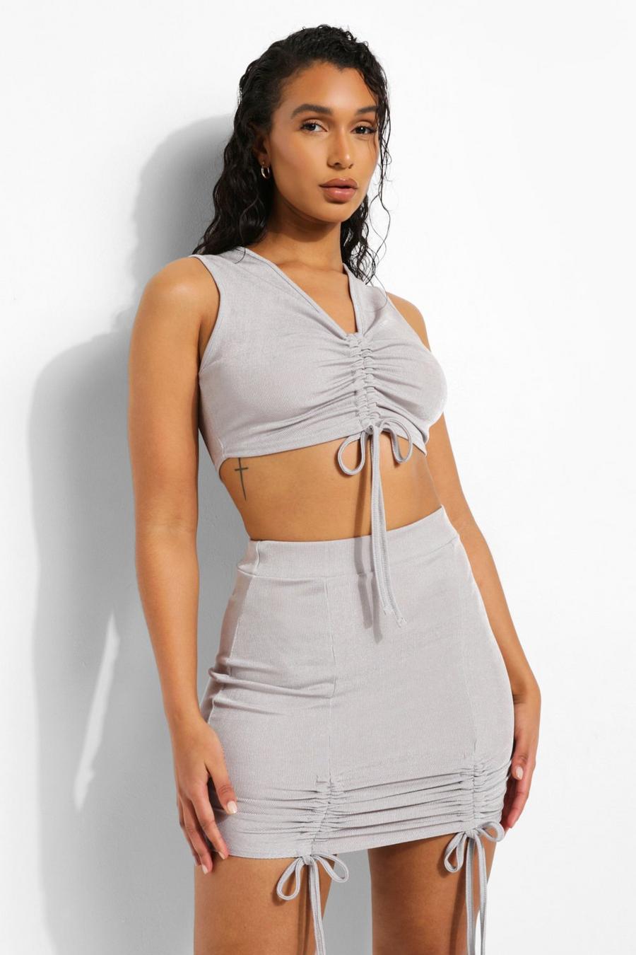 Grey Rib Ruched Mini Skirt image number 1