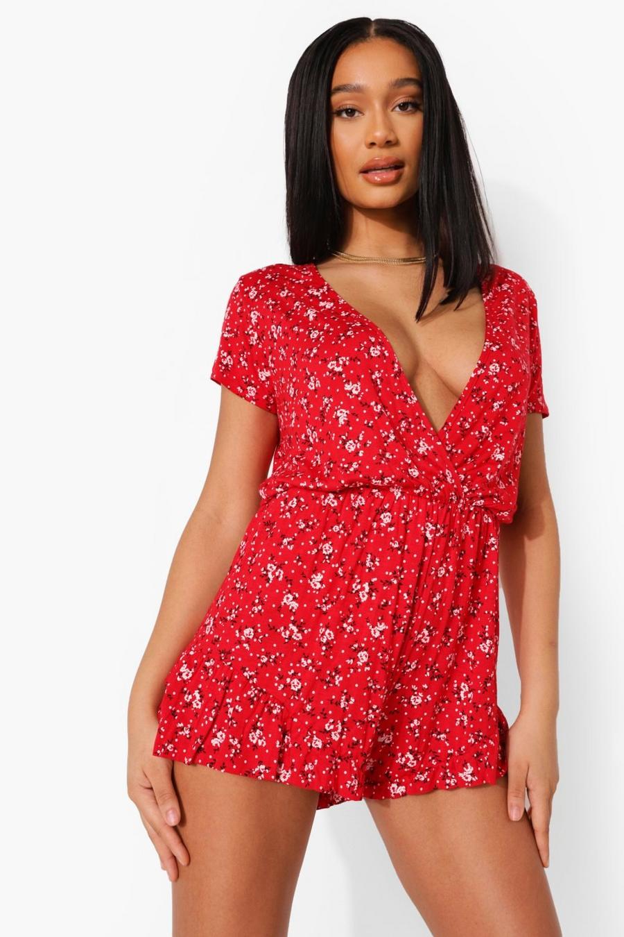 Red Ditsy Floral Wrap Romper image number 1