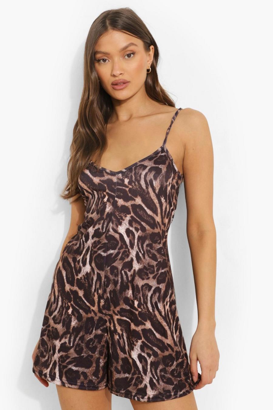 Black Leopard Print Strappy Swing Playsuit image number 1