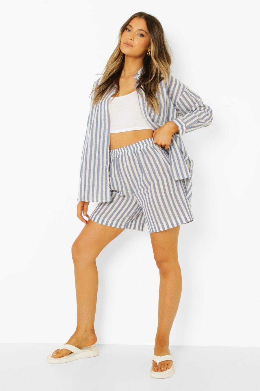 Blue Linen Look Chunky Stripe Relaxed Fit Shorts image number 1