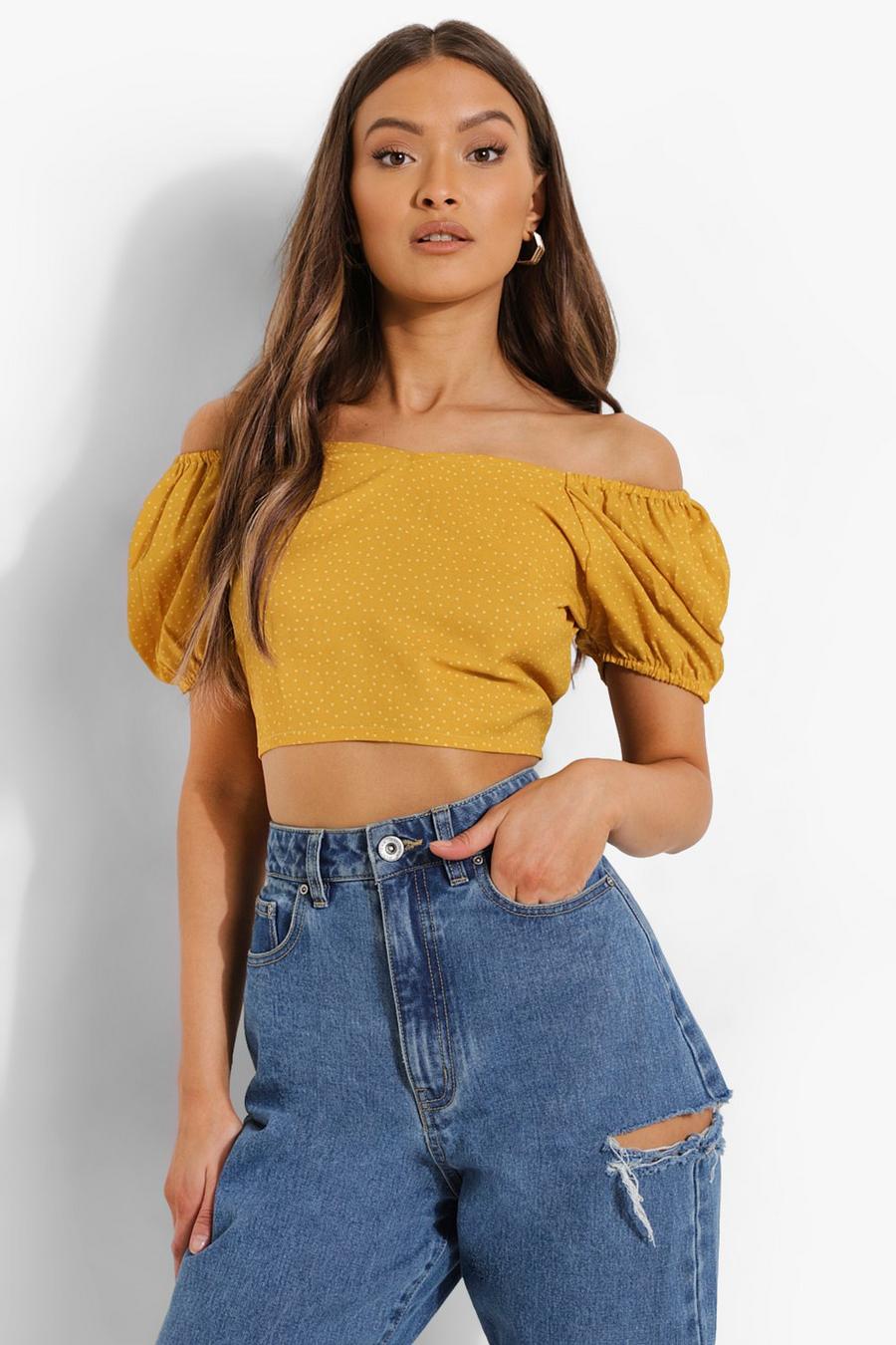 Yellow Woven Printed Short Sleeve Crop Top image number 1
