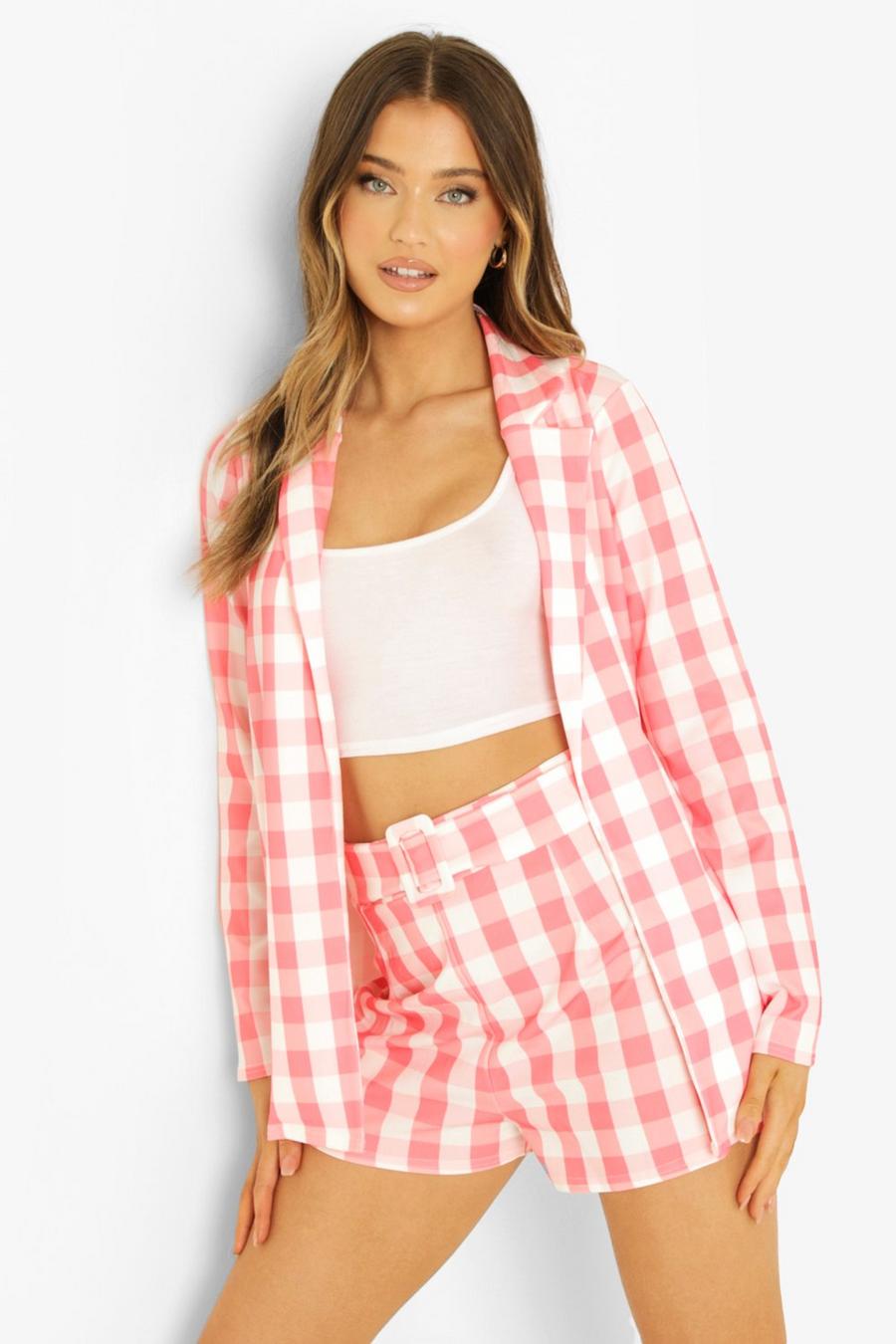 Pink Gingham Blazer & Self Fabric Belted Shorts
