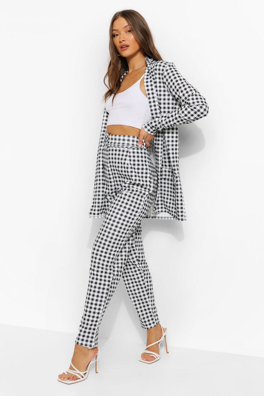 Black Gingham Blazer And Self Fabric Belted Pants