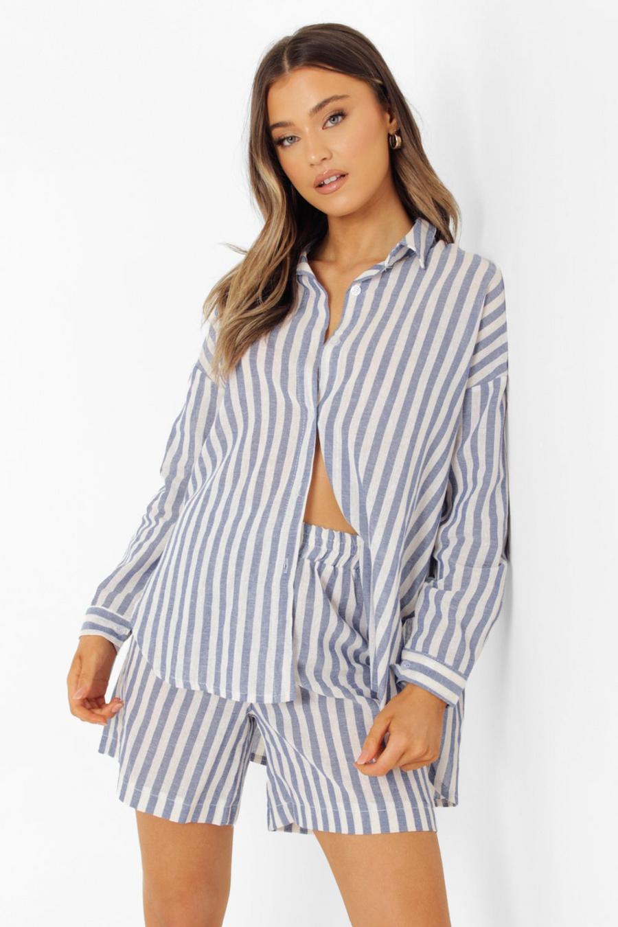 Blue Linen Look Chunky Stripe Oversized Shirt image number 1