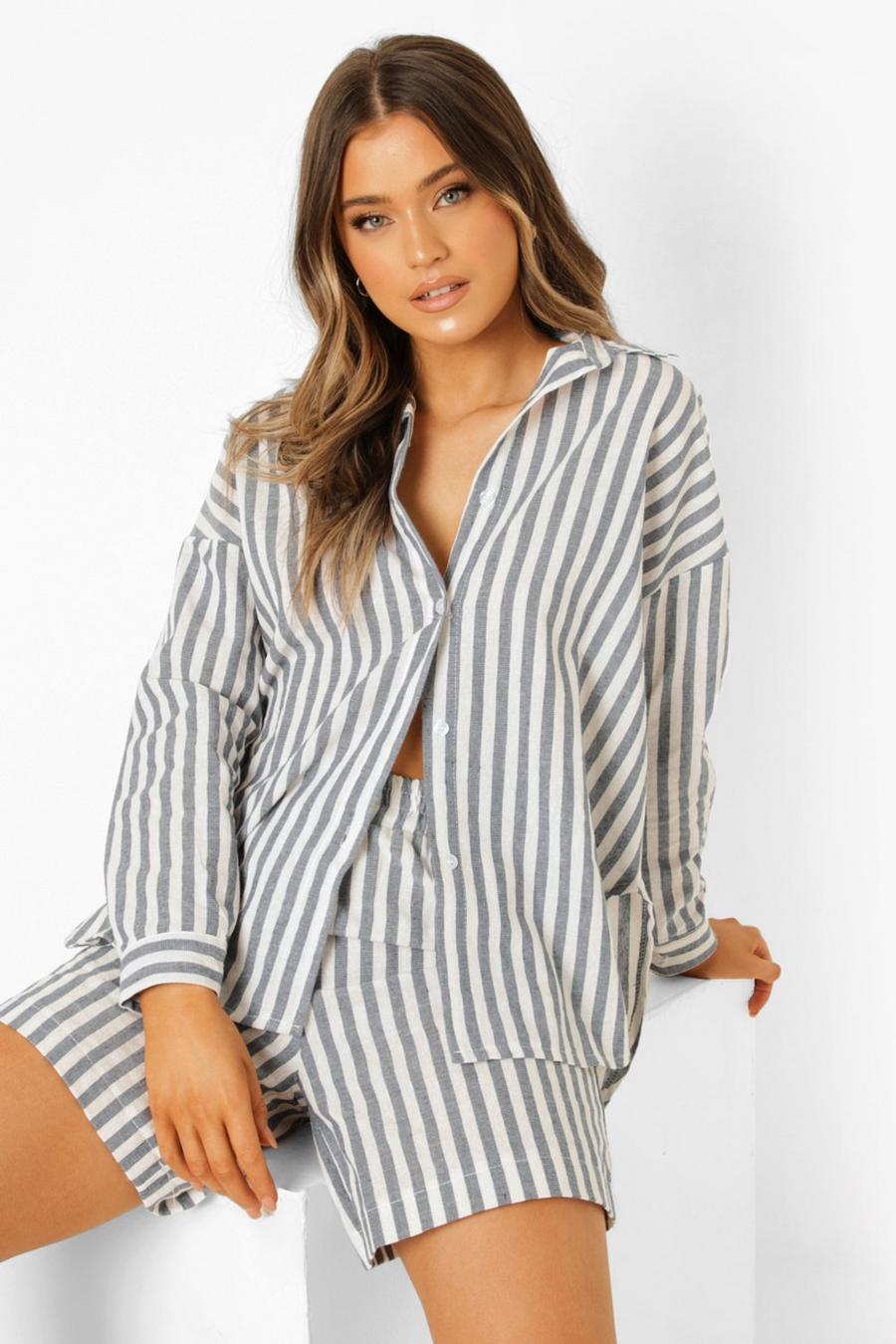 Grey Linen Look Chunky Stripe Oversized Shirt image number 1