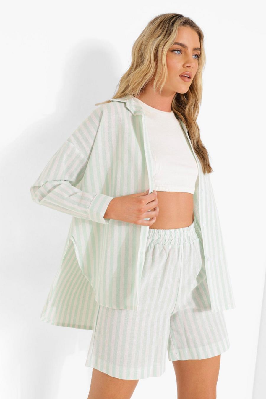Mint Linen Look Pastel Stripe Oversized Shirt image number 1