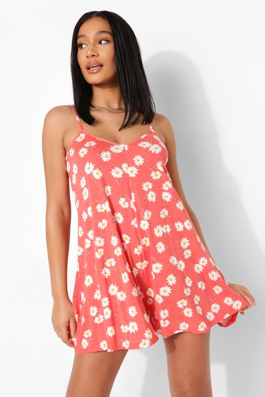 Red Floral Print Strappy Romper image number 1