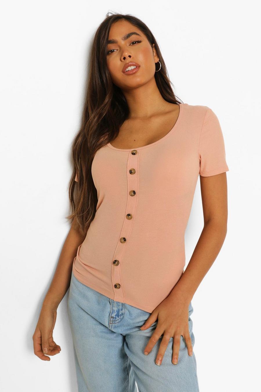 Almond Button Throuhg Ribbed Top image number 1