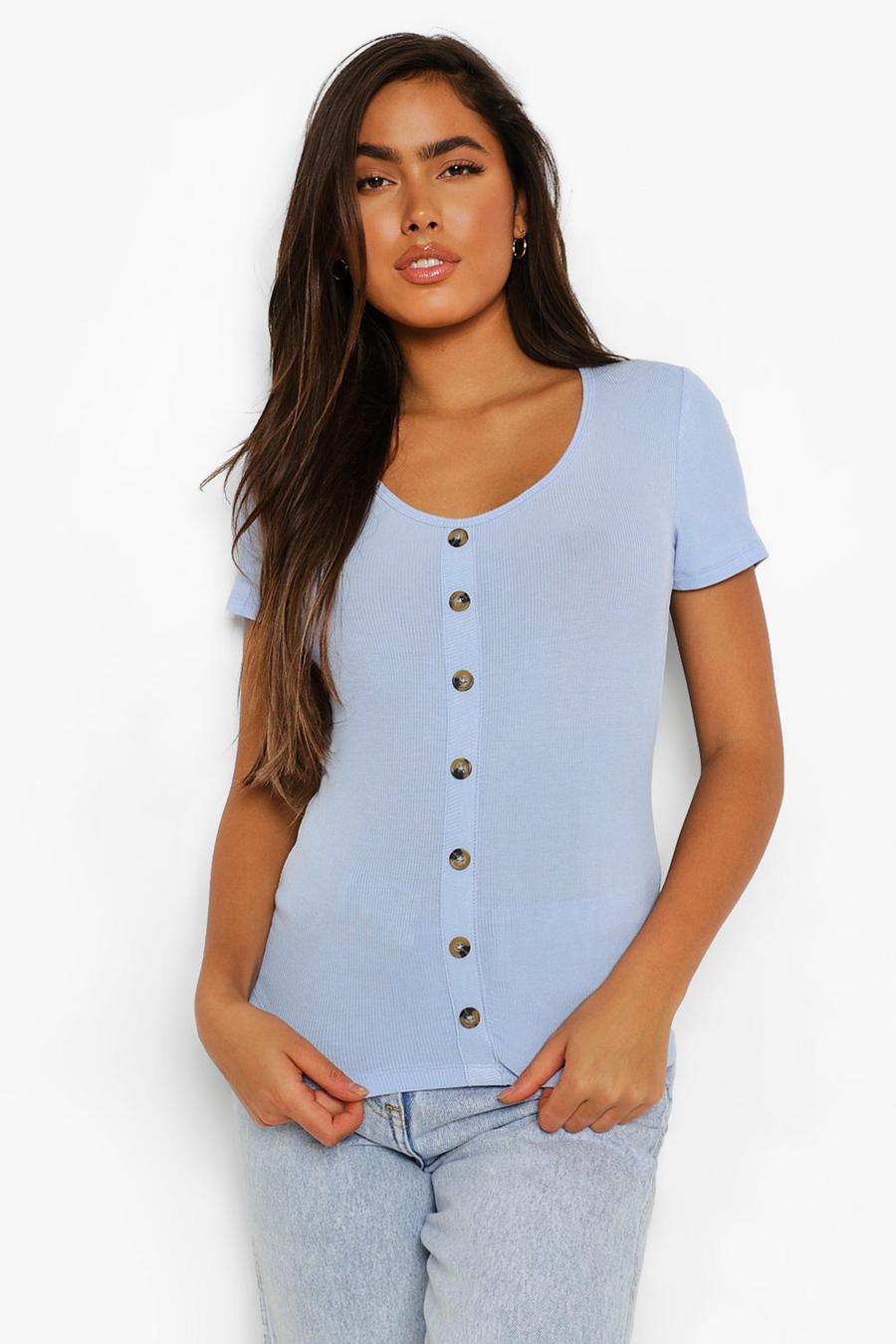 Pale blue Button Throuhg Ribbed Top image number 1