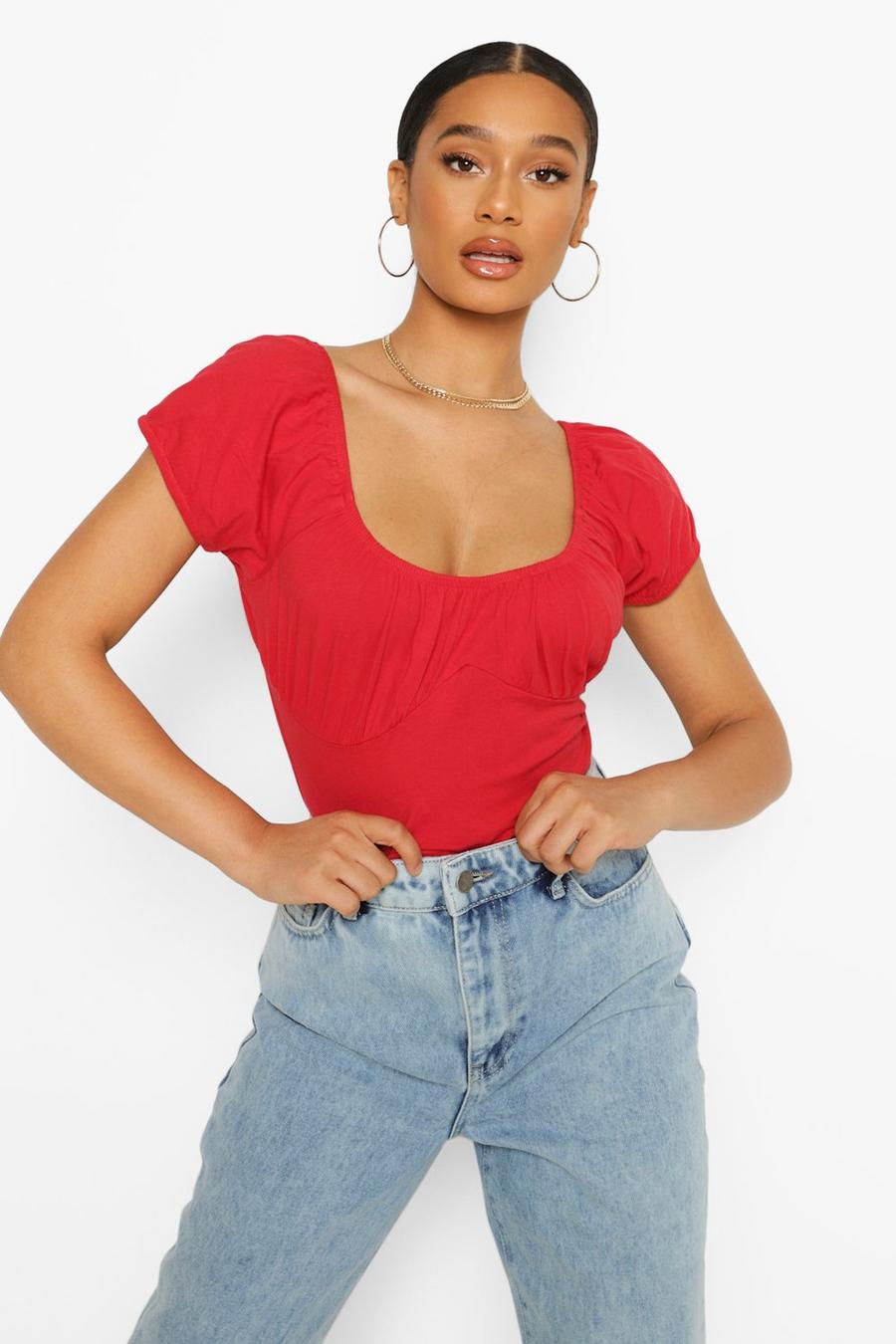 Red Ruched Detail Bodysuit image number 1
