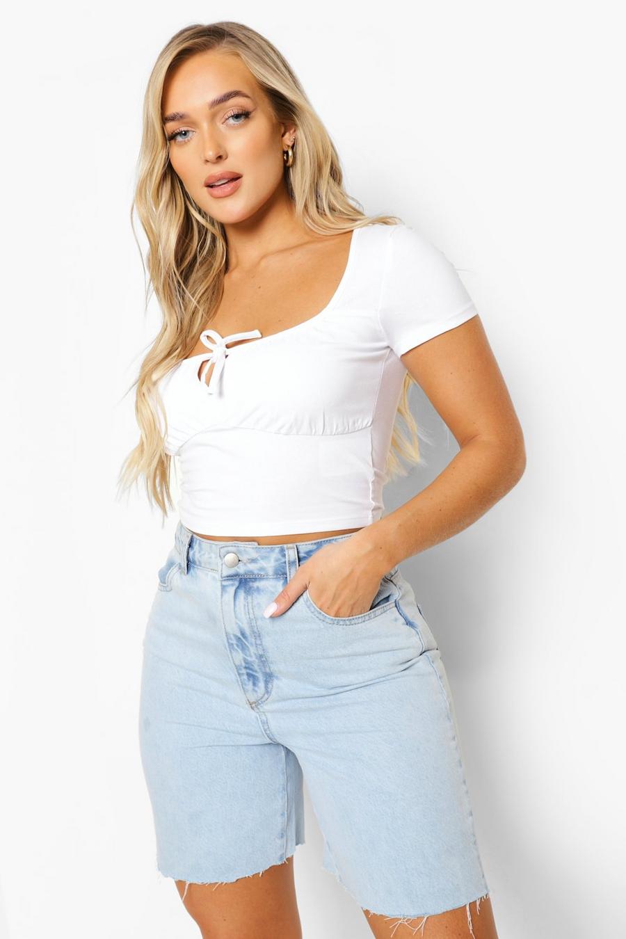 White Ruched Front Crop Top image number 1