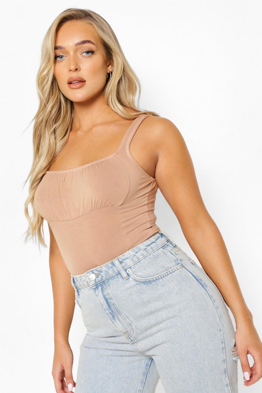 Taupe Geplooide Mouwloze Bodysuit image number 1
