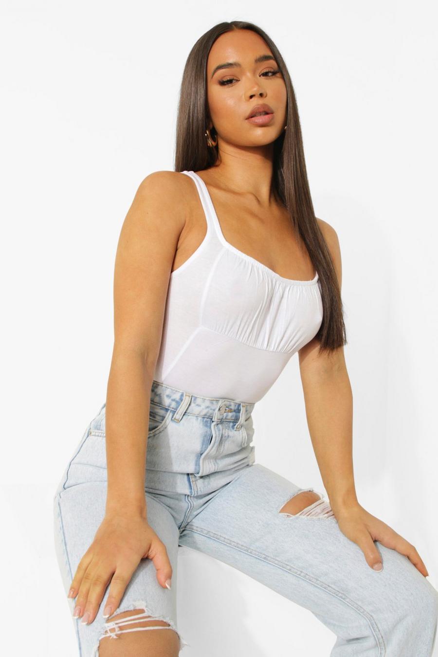 White Ruched Sleeveless Bodysuit image number 1