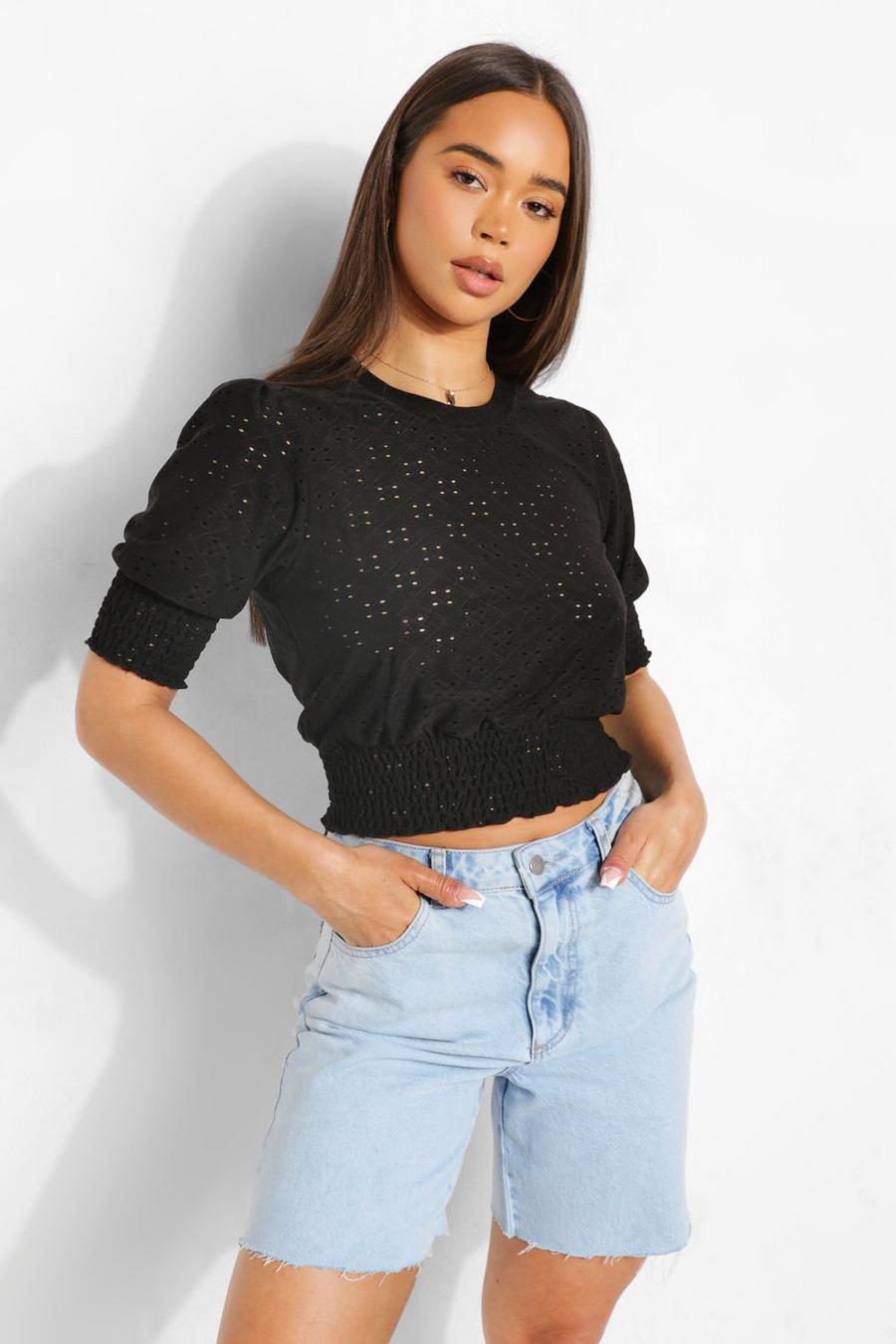 Crop top à manches bouffantes style broderie, Black image number 1
