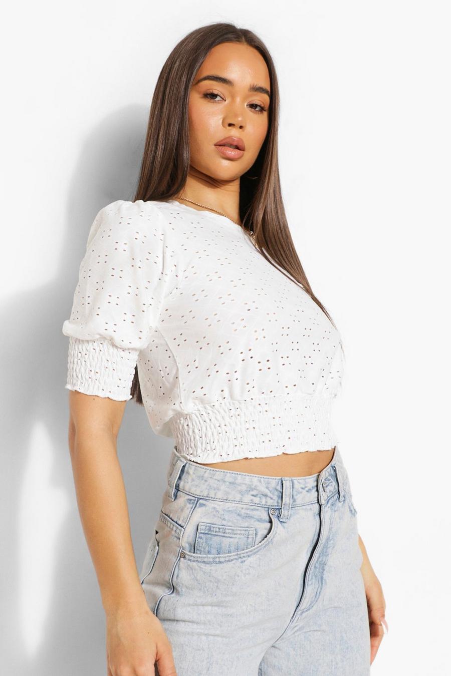 White Crop top med puffärm och broderie anglaise image number 1
