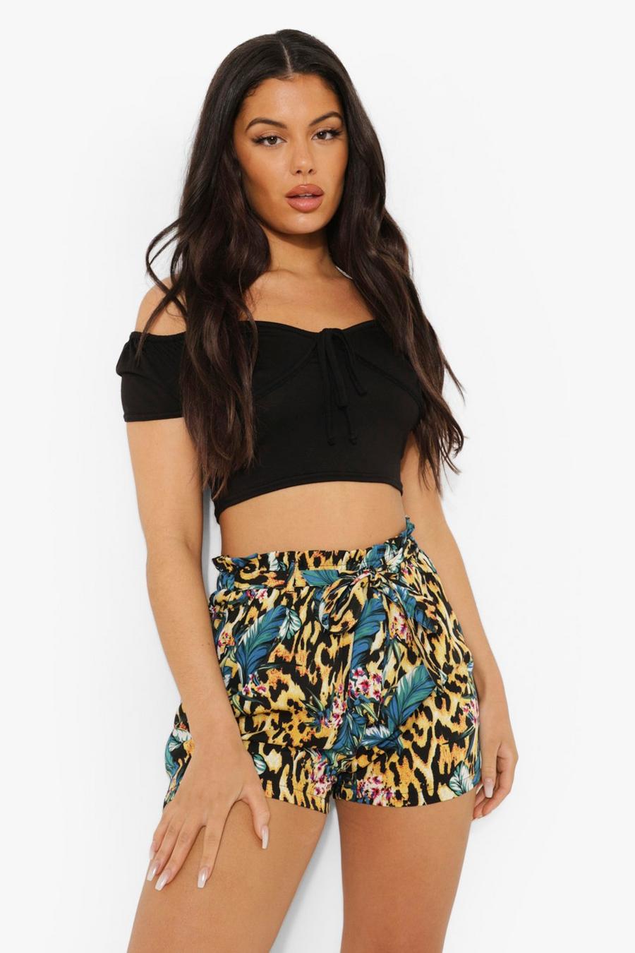 Brown Mixed Print Belted Flippy Shorts image number 1