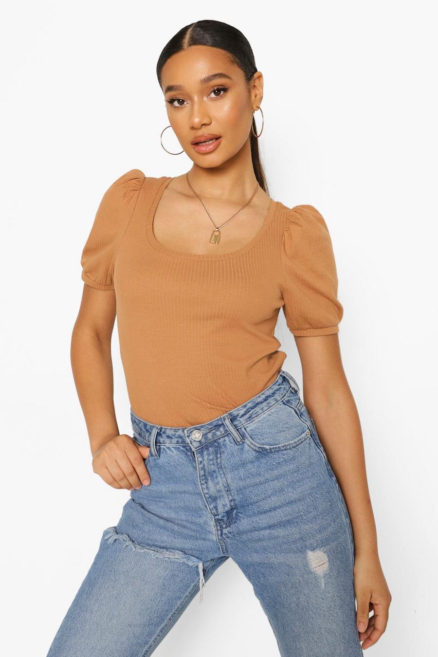 Camel Puff Sleeve Bodysuit image number 1