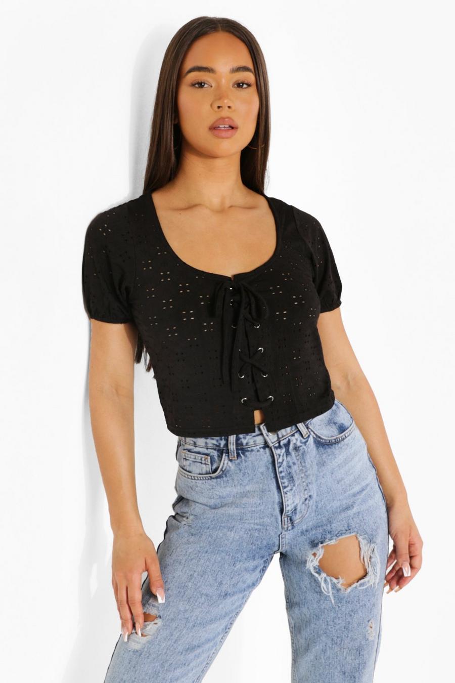 Black Broderie Lace Up Puff Sleeve Top image number 1
