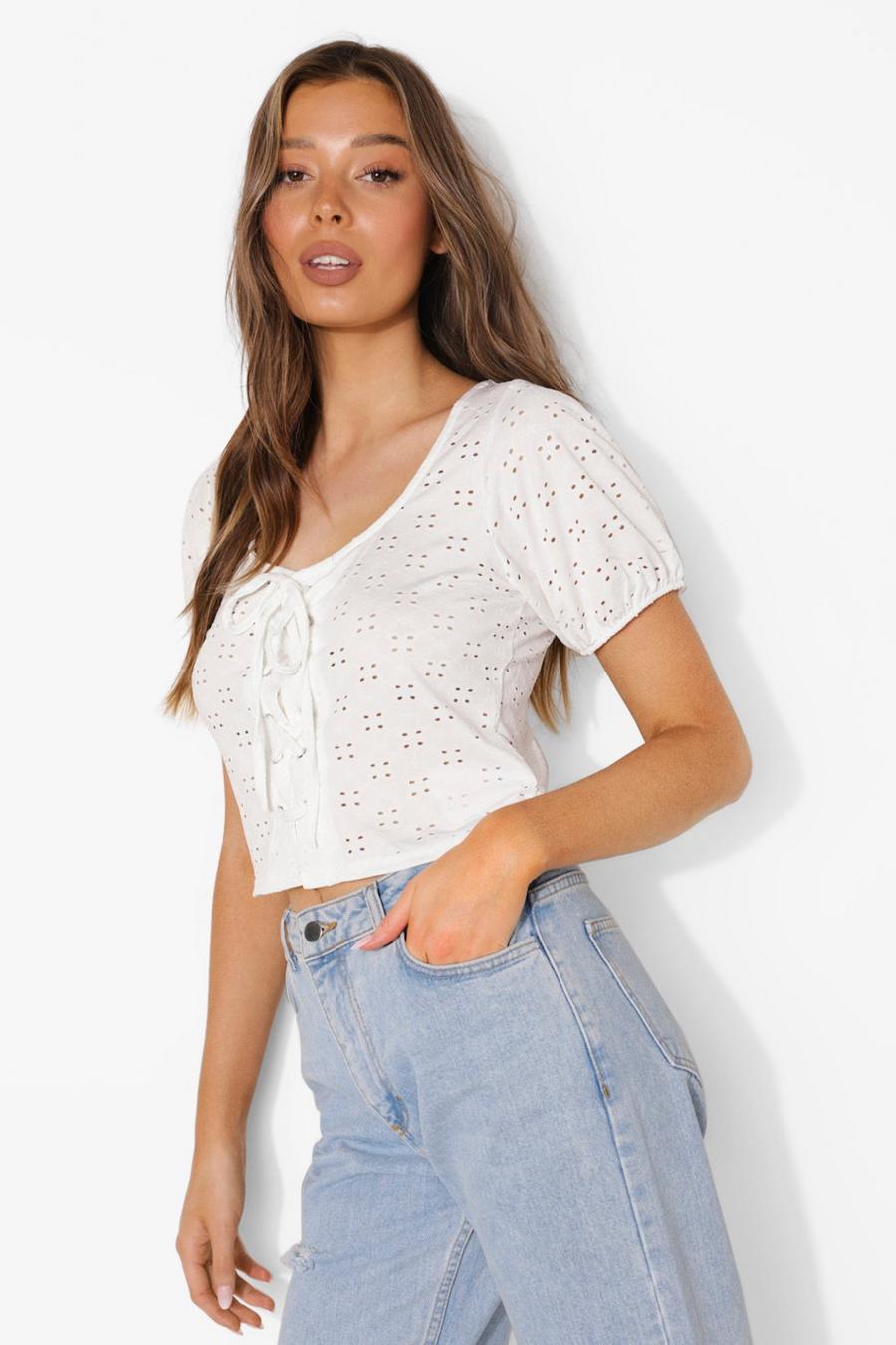 White Broderie Lace Up Puff Sleeve Top image number 1