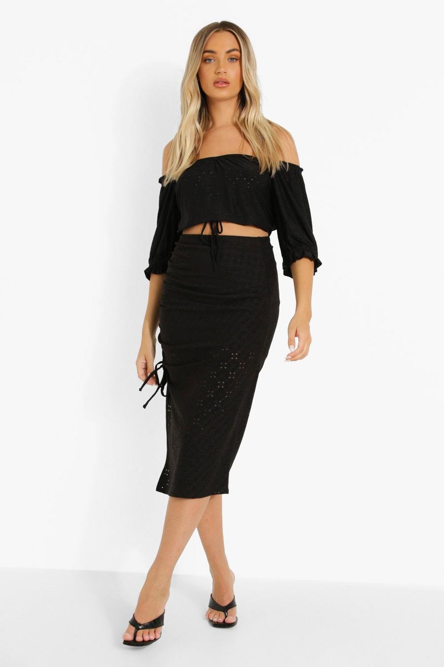 Black Broderie Jersey Ruched Midi Skirt image number 1