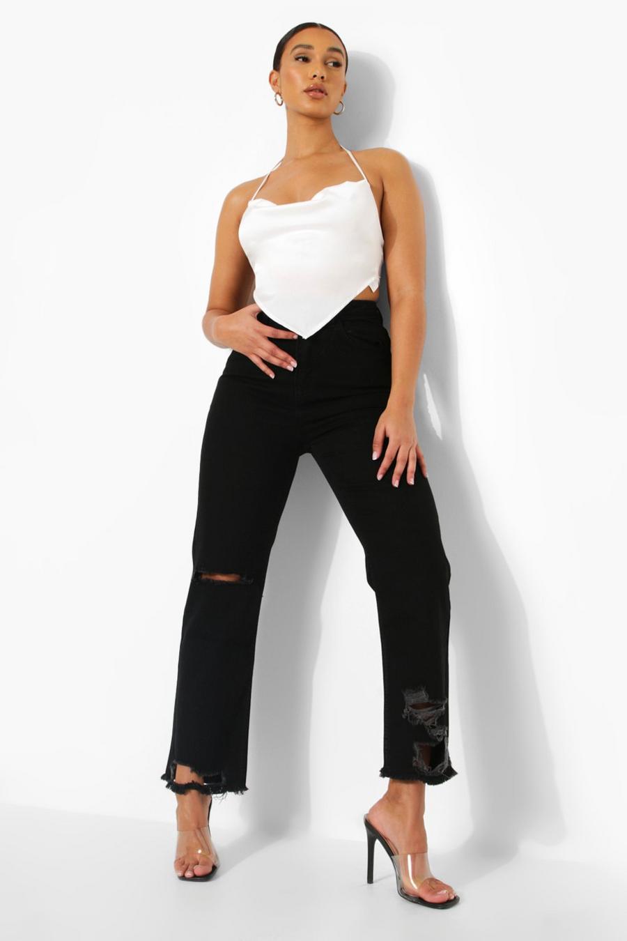 Black svart Slitna jeans med raka ben image number 1