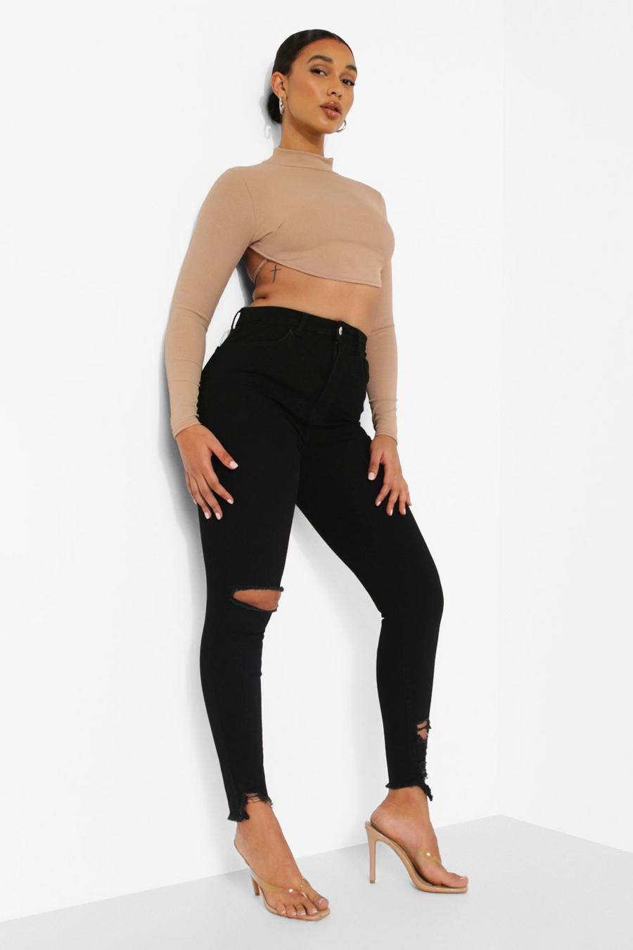 Zerissene Stretch Skinny Jeans mit hohem Bund, Black image number 1