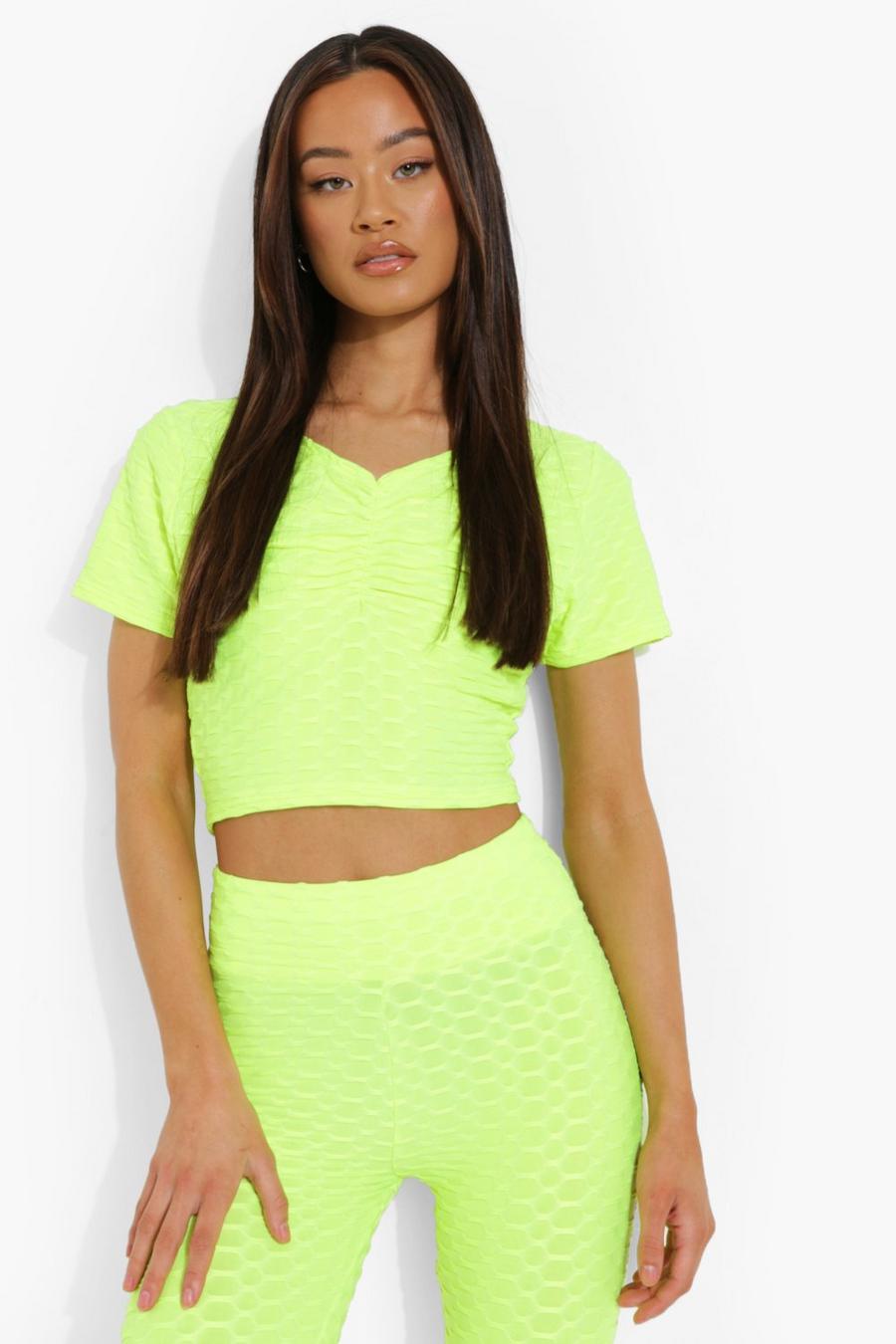 Neon-lime Textured Ruched Bust Active Gym Top image number 1