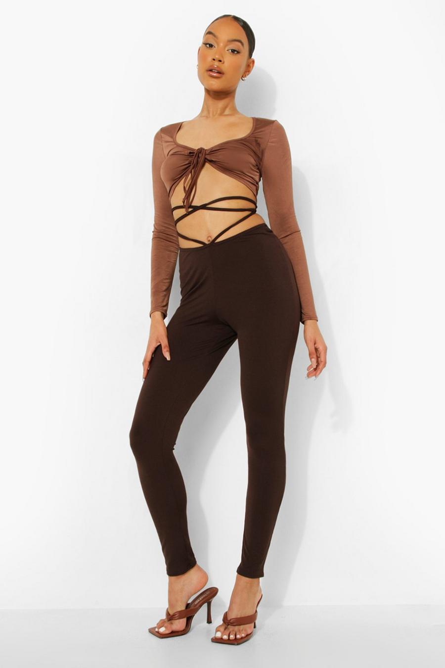 Chocolate Strappy V Waist Leggings image number 1