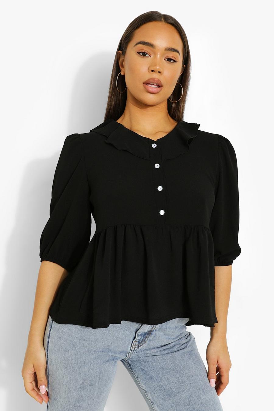 Blusa estilo blusón con cuello de volantes tejida , Negro image number 1